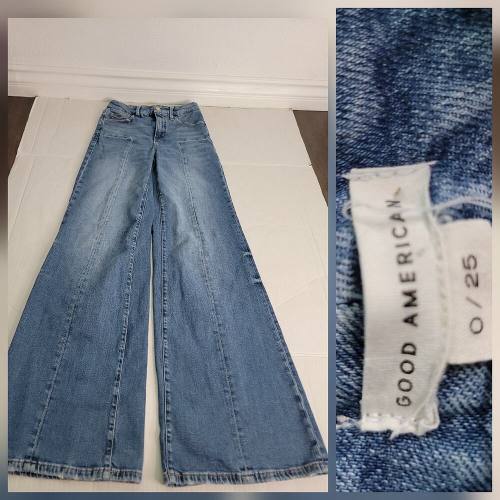Good American Jeans SZ 25x33 High Rise Straight Wide Leg Flare Stretch